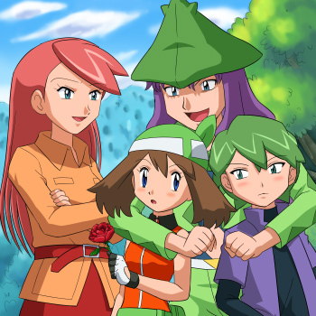 2boys 2girls :d :o alternate_costume arm_around_neck bandana belt belt_pouch blue_eyes blush brown_hair cloud coat couple crossed_arms day drew_(pokemon) embarrassed flower gloves green_hair harley_(pokemon) hat holding hug hug_from_behind long_hair long_sleeves looking_at_another lowres may_(pokemon) mountain multiple_boys multiple_girls nintendo open_clothes open_mouth open_shirt outdoors pants pokemoa pokemon pokemon_(anime) pokemon_rse_(anime) pouch purple_hair red_flower red_hair red_rose rose shirt short_hair short_sleeves sky smile solidad_(pokemon) swept_bangs tree