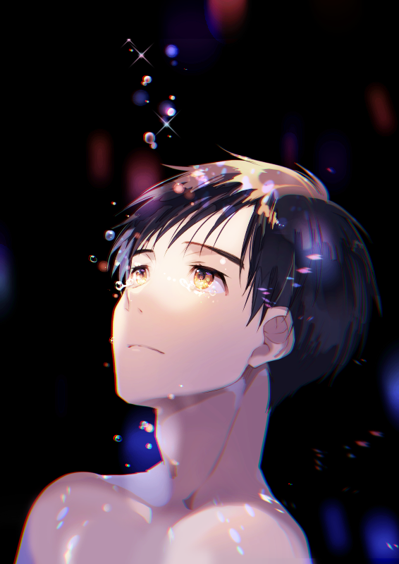 1boy adam&#039;s_apple alternate_color alternate_eye_color arms_at_sides backlighting bare_shoulders black_hair blurry bokeh chromatic_aberration close-up closed_mouth collarbone colorful crying crying_with_eyes_open dark_background depth_of_field expressionless floating_tears flying_teardrops katsuki_yuuri kuroemon light_particles looking_up male_focus pale_skin shaded_face simple_background sparkle sparkling_eyes spotlight tears upper_body yellow_eyes yuri!!!_on_ice