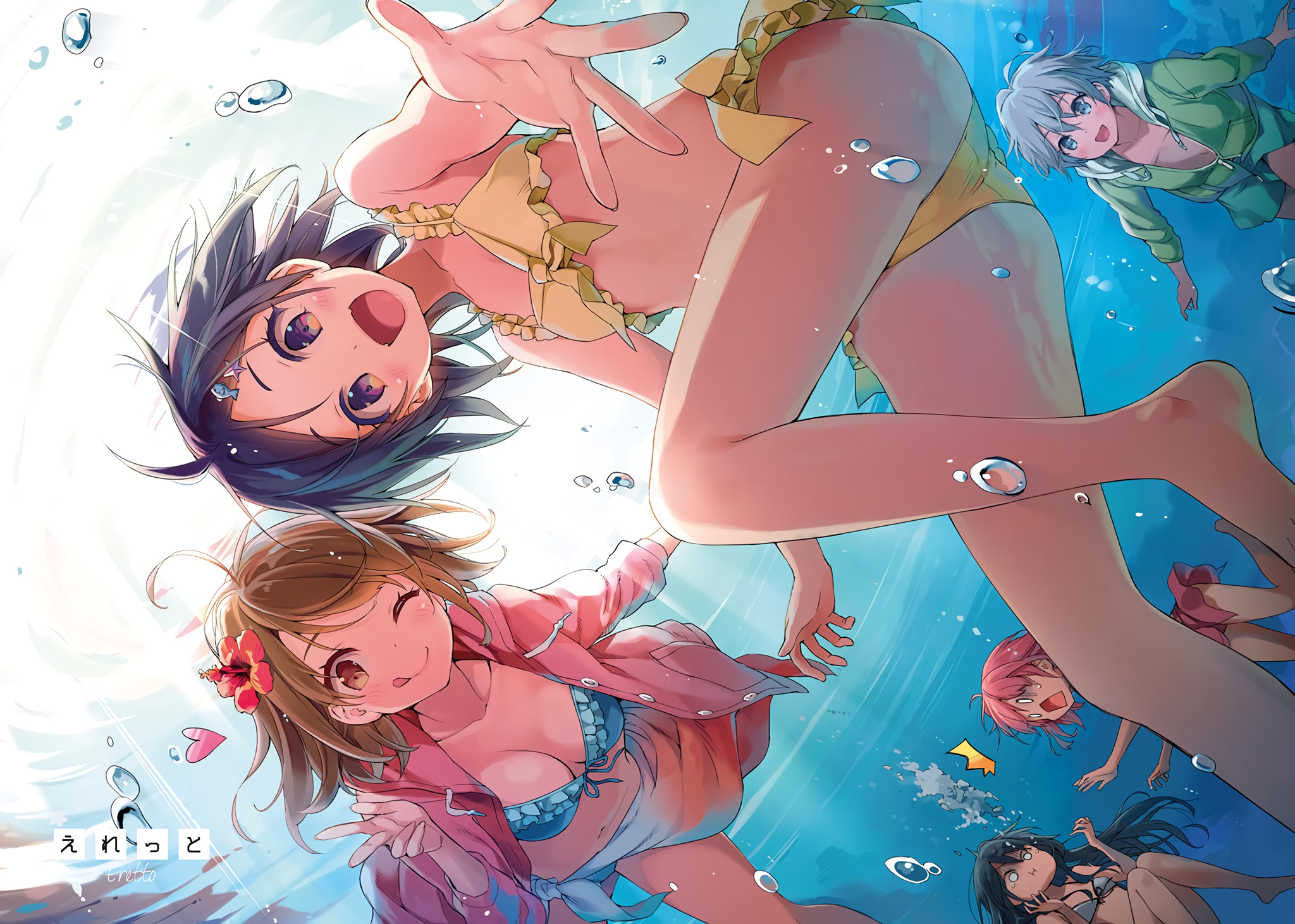 1boy 4girls :d blush breasts highres hikigaya_komachi isshiki_iroha multiple_girls open_mouth smile swimsuit totsuka_saika underwater yahari_ore_no_seishun_lovecome_wa_machigatteiru. yuigahama_yui yukinoshita_yukino