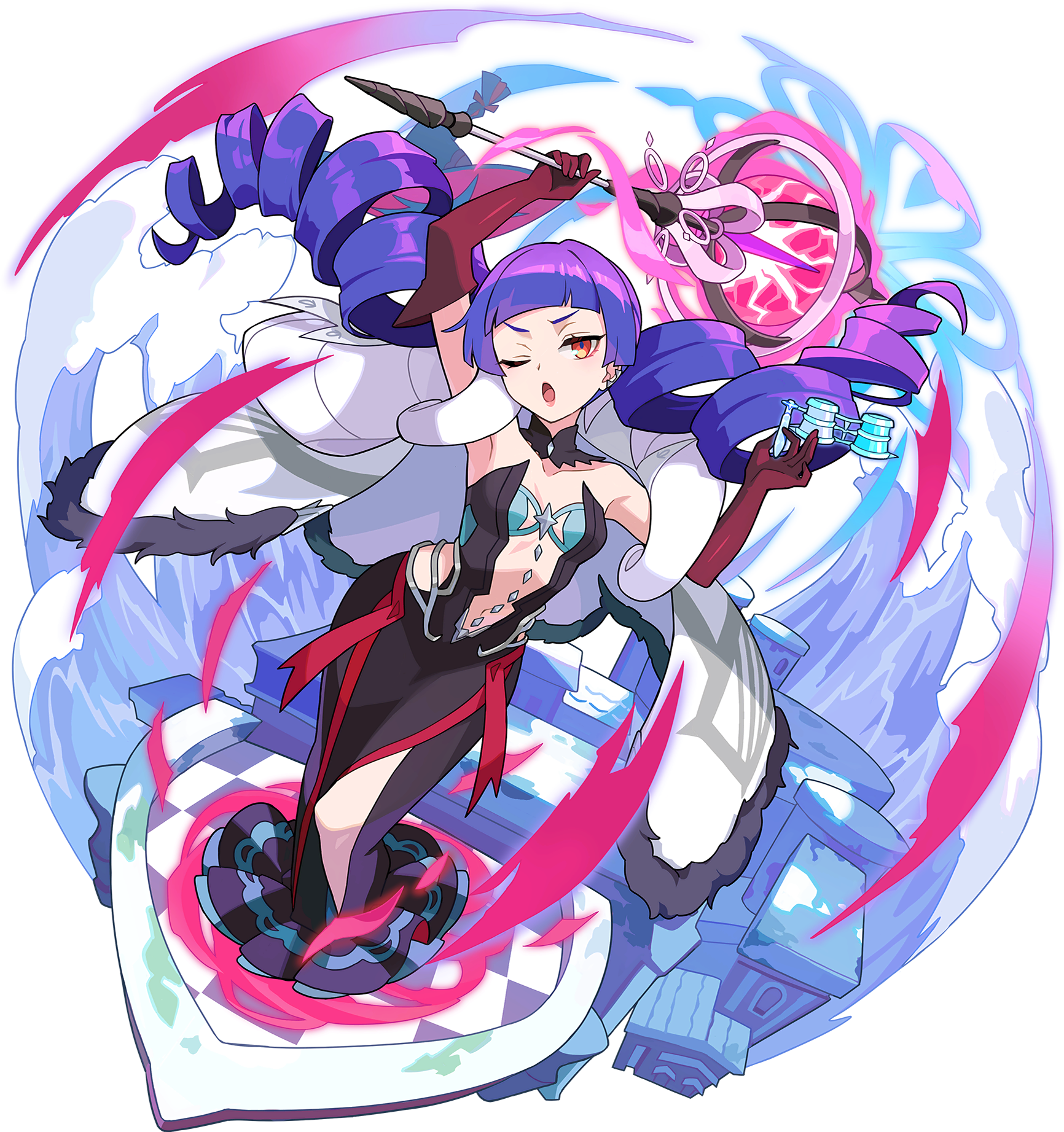 1girl arm_up armpits artist_request aura bare_shoulders black_dress black_hat blunt_bangs blush breasts center_opening checkered_floor clothing_cutout coat collarbone detached_collar dress drill_hair dutch_angle earclip elbow_gloves female_focus from_above full_body fur-trimmed_coat fur_trim gloves grey-framed_eyewear half-closed_eye hand_up hat highres holding holding_removed_eyewear holding_staff light_blush long_hair looking_at_viewer looking_up maelviola_(world_flipper) magic navel non-web_source official_art one_eye_closed open_mouth opera_glasses purple_hair red_eyes red_gloves side_cutout side_slit sidelocks small_breasts solo staff standing strapless strapless_dress transparent_background twin_drills unworn_eyewear unworn_hat unworn_headwear very_long_hair water waves white_coat witch witch_hat world_flipper