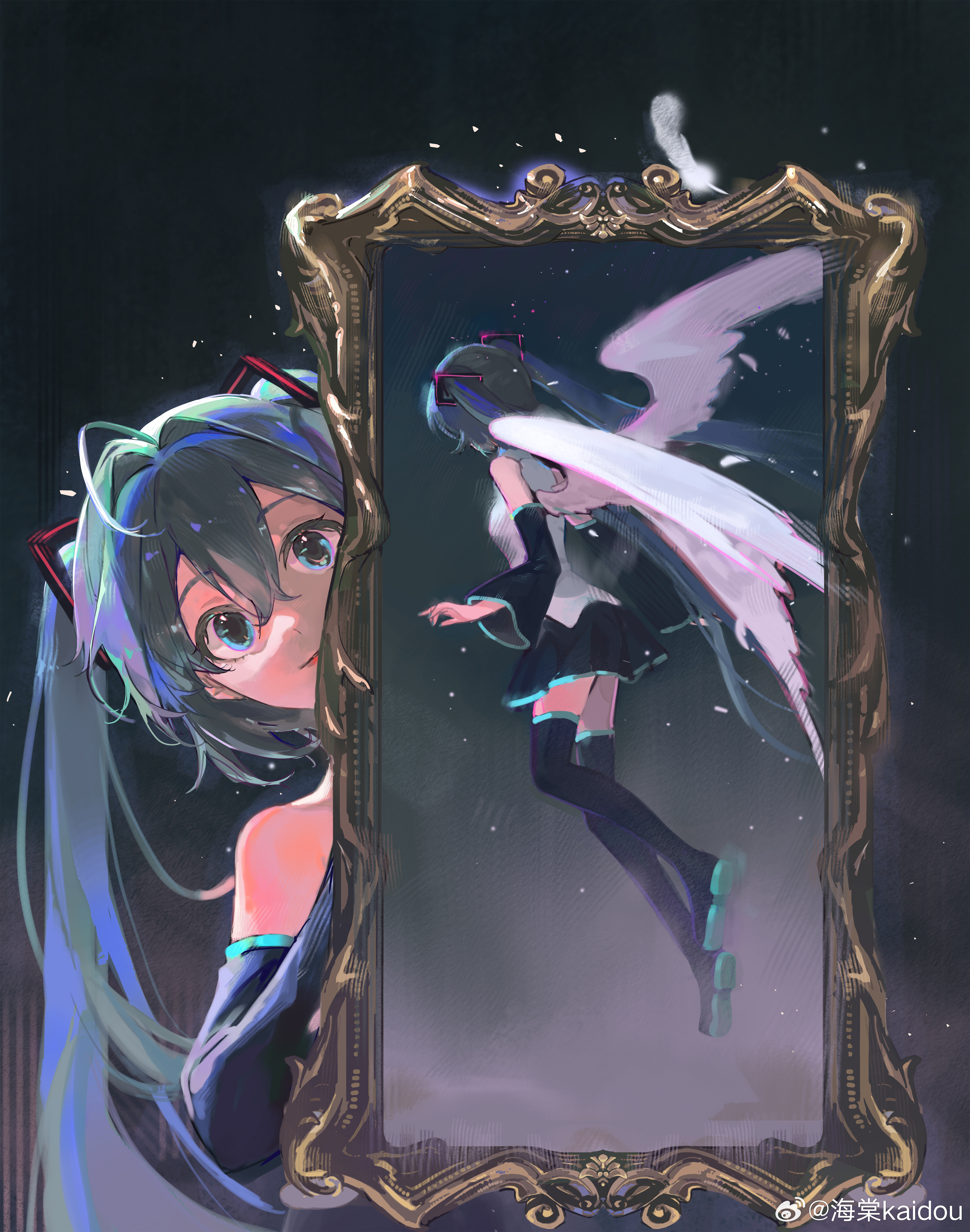 1girl absurdres ahoge angel_wings aqua_eyes aqua_hair black_skirt black_sleeves black_thighhighs colored_shoe_soles detached_sleeves feathers haitang hatsune_miku highres pleated_skirt portrait_(object) shirt shoe_soles shoes skirt solo thighhighs twintails vocaloid watermark weibo_username weibo_watermark white_shirt wings