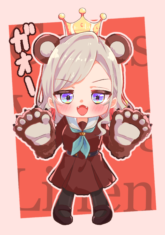 1girl :3 :d ameros animal_ears animal_print aqua_neckerchief bear_ears bear_girl bear_panties bear_print black_pantyhose black_shoes blue_eyes border brown_dress ceras_yanagida_lilienfeld commentary crown deformed dress fangs full_body gao gold_crown grey_hair hair_ribbon hasu_no_sora_school_uniform kemonomimi_mode link!_like!_love_live! long_hair long_sleeves looking_at_viewer love_live! mary_janes medium_dress neckerchief open_mouth orange_background outside_border panties pantyhose paw_pose pink_border pink_ribbon pleated_dress print_panties ribbon sailor_collar sailor_dress school_uniform shoes smile solo standing straight-on swept_bangs underwear v-shaped_eyebrows virtual_youtuber white_sailor_collar winter_uniform