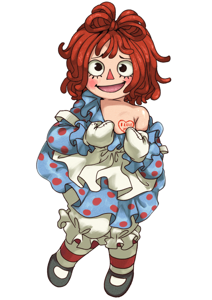 1girl black_eyes blue_dress blush bow-shaped_hair character_doll doll dress english_text female_focus full_body heart jcm2 looking_at_viewer open_mouth pantyhose raggedy_ann raggedy_ann_(series) red_hair short_hair simple_background solo standing striped_clothes striped_legwear striped_pantyhose stuffed_toy white_background