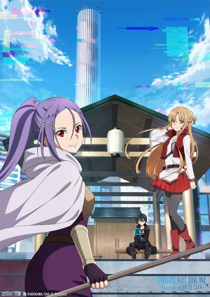 1boy asuna_(sao) belt belt_boots boots braid brown_belt brown_eyes brown_hair full_body hair_between_eyes hair_ornament hand_up high_ponytail holographic_interface holographic_touchscreen kirito long_hair long_sleeves miniskirt mito_(sao) non-web_source official_art pleated_skirt ponytail purple_hair red_eyes red_footwear red_skirt shirt sitting skirt standing sword sword_art_online sword_art_online_progressive sword_on_back very_long_hair weapon weapon_on_back white_shirt x_hair_ornament