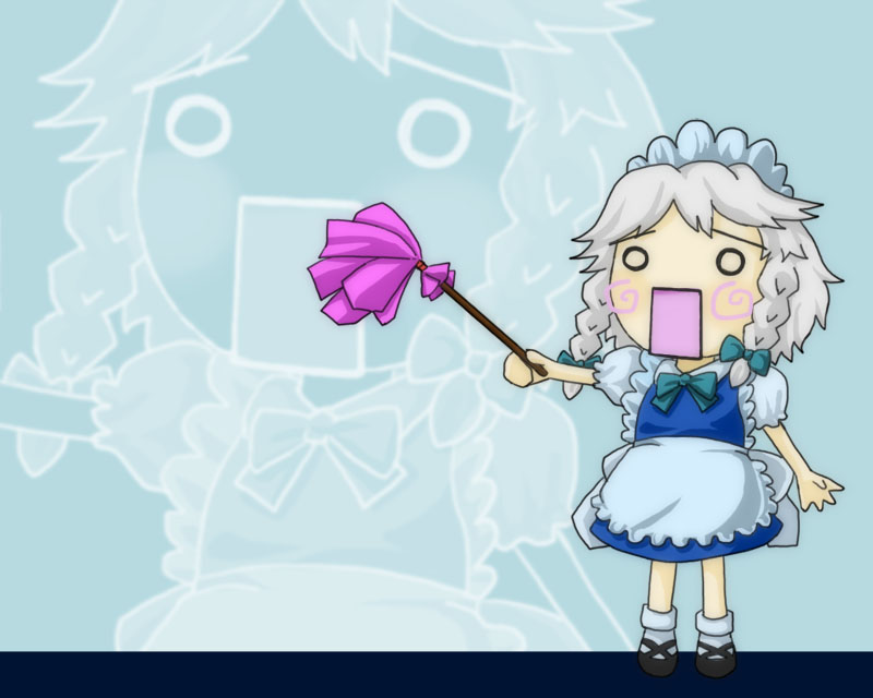 1girl apron blue_background bow braid chibi dress full_body grey_hair hachune_miku hair_bow hatsune_miku ievan_polkka_(vocaloid) izayoi_sakuya kana_tako maid maid_headdress open_mouth parody short_hair solo touhou twin_braids