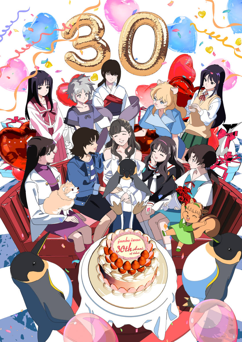 1990s_(style) anniversary bird black_hair brown_hair cake cardcaptor_sakura celebration character_request closed_mouth crossover daidouji_tomoyo dog dress edoya_inuhachi expressionless food full_body horaki_hikari iwao_junko key_the_metal_idol kurusugawa_ayaka kurusugawa_serika long_hair melissa_thorn mima_tokiko montana_jones_(series) multiple_girls neon_genesis_evangelion open_mouth penguin purple_eyes real_life retro_artstyle robot rurouni_kenshin school_uniform short_hair skirt smile to_heart to_heart_(series) tomoeda_elementary_school_uniform tomoeda_middle_school_uniform voice_actor_connection yukishiro_tomoe