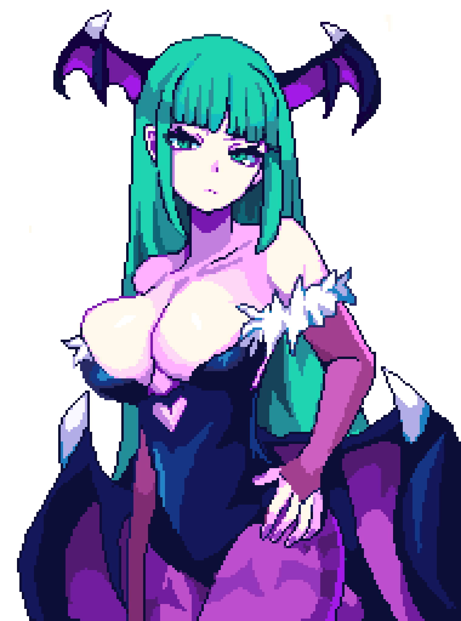 1girl bat_wings breasts capcom cleavage darkstalkers demon_girl fingerless_gloves gloves green_eyes green_hair half-closed_eyes hand_on_own_hip highres large_breasts legs long_hair looking_at_viewer morrigan_aensland open_mouth pixel_art pixelcadete seductive_gaze solo thighs wings