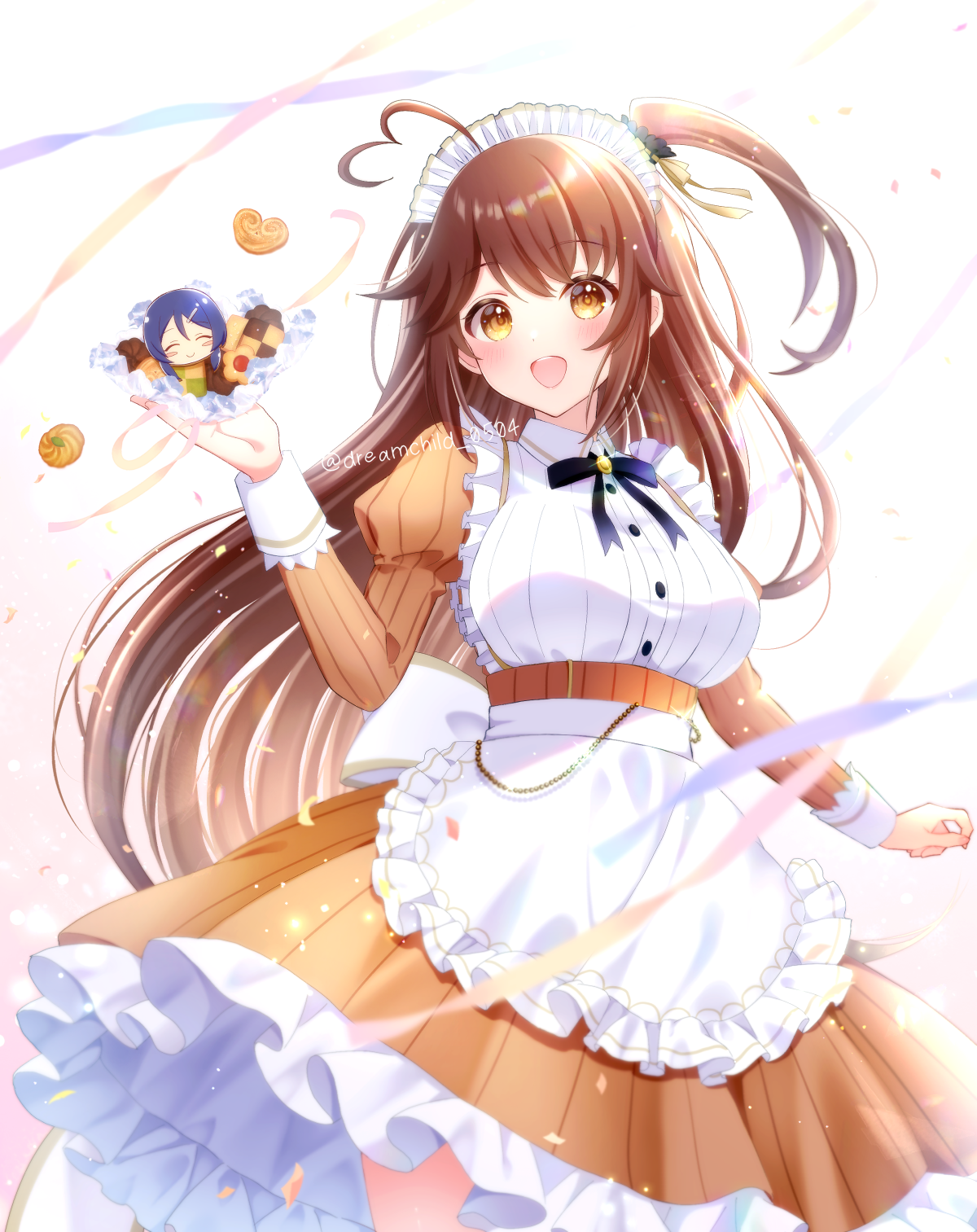 1girl :d ahoge alternate_costume apron assault_lily back_bow black_ribbon black_scrunchie blue_ribbon bow breasts brown_dress brown_hair buttons character-themed_food checkerboard_cookie collared_dress commentary confetti cookie cowboy_shot dress enmaided food frilled_apron frilled_dress frills gradient_background gradient_ribbon hair_ornament hair_ribbon hair_scrunchie hand_up heart heart_ahoge highres holding holding_food juliet_sleeves large_breasts light_particles long_hair long_sleeves looking_at_viewer maid maid_headdress mizuha_(dreamchild_0504) multicolored_ribbon neck_ribbon one_side_up open_mouth pink_background pink_ribbon puffy_sleeves purple_ribbon ribbon scrunchie smile solo standing striped_clothes striped_dress takasuga_tsukushi teeth twitter_username two-tone_dress upper_teeth_only vertical-striped_clothes vertical-striped_dress very_long_hair waist_apron watanabe_akane white_apron white_background white_bow white_dress yellow_eyes yellow_ribbon yellow_scrunchie
