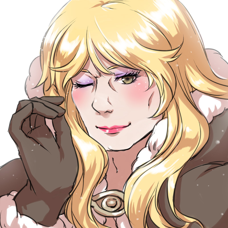 1girl blonde_hair blush brown_cape brown_gloves cape closed_mouth commentary_request eyeliner fur-trimmed_cape fur-trimmed_gloves fur_trim gloves high_wizard_(ragnarok_online) lipstick long_hair looking_at_viewer makeup man_face mascara natsuya_(kuttuki) one_eye_closed ragnarok_online simple_background smile solo upper_body white_background yellow_eyes