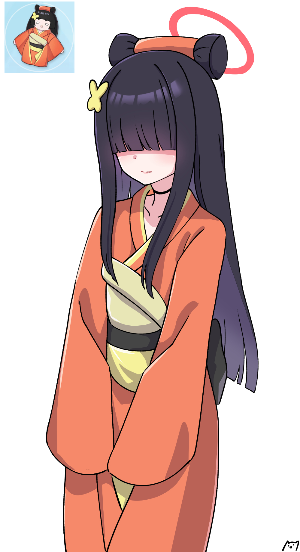1girl alternate_costume black_choker black_hair blue_archive blunt_bangs choker closed_mouth collarbone cosplay doll extra faceless faceless_female halo highres hime_cut hina_ningyou japanese_clothes justice_task_force_member_(blue_archive) kimono long_hair majinmallow obi orange_kimono red_halo reference_inset sash simple_background solo standing straight_hair very_long_hair white_background
