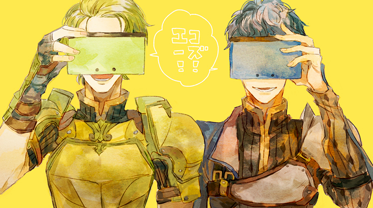 ! !! 2boys armor blue_hair fingerless_gloves fire_emblem fire_emblem_echoes:_shadows_of_valentia forsyth_(fire_emblem) gloves green_background green_hair handheld_game_console male_focus multiple_boys nintendo nintendo_3ds open_mouth python_(fire_emblem) shourou_kanna simple_background teeth upper_body