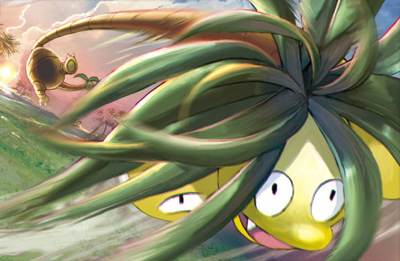 alolan_exeggutor alolan_form anesaki_dynamic black_eyes claws creature fangs gen_7_pokemon grass jumping motion_lines nintendo no_humans official_art outdoors pokemon pokemon_(creature) pokemon_tcg sky solo third-party_source