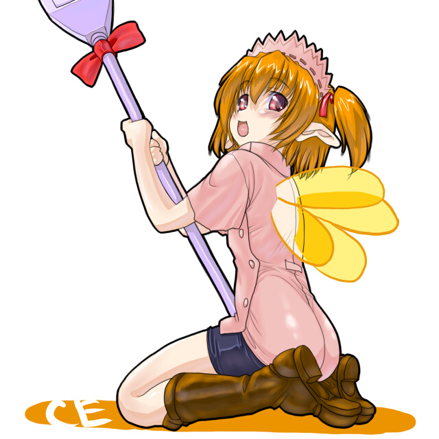 1girl boots bow brown_boots brown_hair ce-tan dd_(ijigendd) fairy female_focus frills from_behind full_body kneeling looking_at_viewer looking_back maid_headdress mini_person minigirl one_side_up orange_hair os-tan pink_eyes pointy_ears red_eyes short_hair shorts solo spoon usb