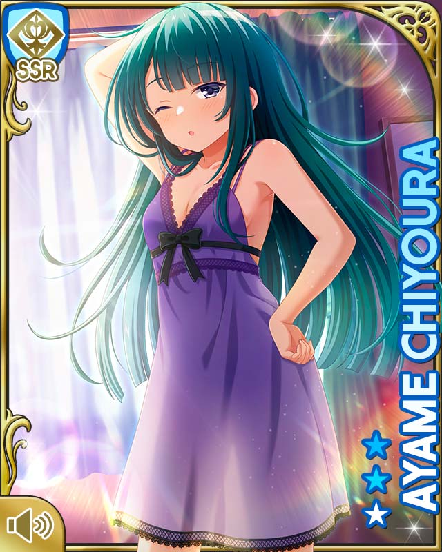 1girl ;o aqua_hair arm_above_head arm_behind_head barefoot bedroom breasts card_(medium) chair character_name chiyoura_ayame cleavage collarbone girlfriend_(kari) hair_ornament hand_on_own_hip indoors long_hair nightgown official_art one_eye_closed open_mouth purple_eyes purple_nightgown qp:flapper standing tagme window wooden_floor x_hair_ornament