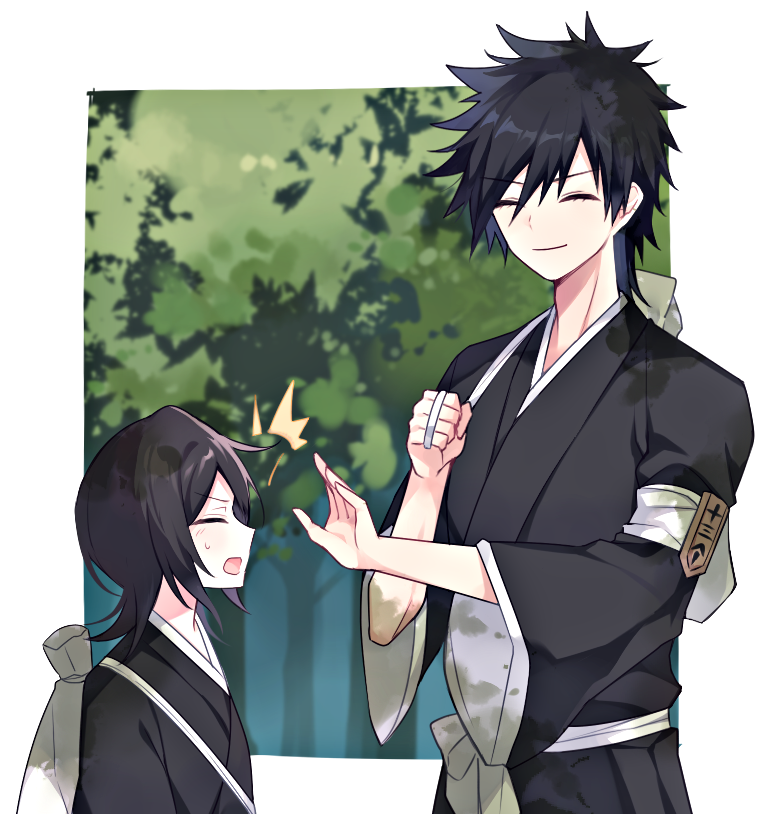 1boy 1girl ^^^ ^_^ badge black_kimono bleach border closed_eyes closed_mouth commentary_request cowboy_shot dappled_sunlight day eyelashes flick forehead_flick fukutaichou_badge g_ieep hair_between_eyes hand_up height_difference japanese_clothes kimono korean_commentary kuchiki_rukia long_sleeves medium_hair open_mouth outdoors shiba_kaien short_hair smile spiked_hair straight_hair sunlight sweatdrop upper_body v-shaped_eyebrows white_border wide_sleeves