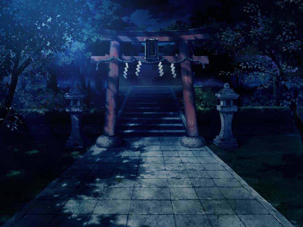 artist_request bush cloud game_cg grass light_rays magia_record:_mahou_shoujo_madoka_magica_gaiden mahou_shoujo_madoka_magica moonlight night night_sky no_humans official_art outdoors path road scenery shade sky stairs stone_lantern torii