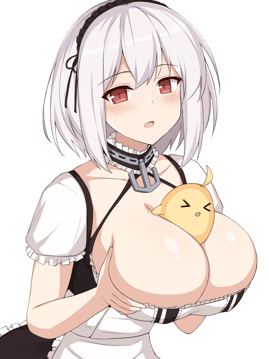 &gt;_&lt; 1girl anchor_choker apron azur_lane between_breasts black_dress blush breast_lift breasts cleavage dress framed_breasts frilled_dress frills grabbing_own_breast hair_between_eyes highres large_breasts looking_at_viewer manjuu_(azur_lane) open_mouth puffy_short_sleeves puffy_sleeves red_eyes short_hair short_sleeves simple_background sirius_(azur_lane) solo toyo_(c8) upper_body white_apron white_background white_hair