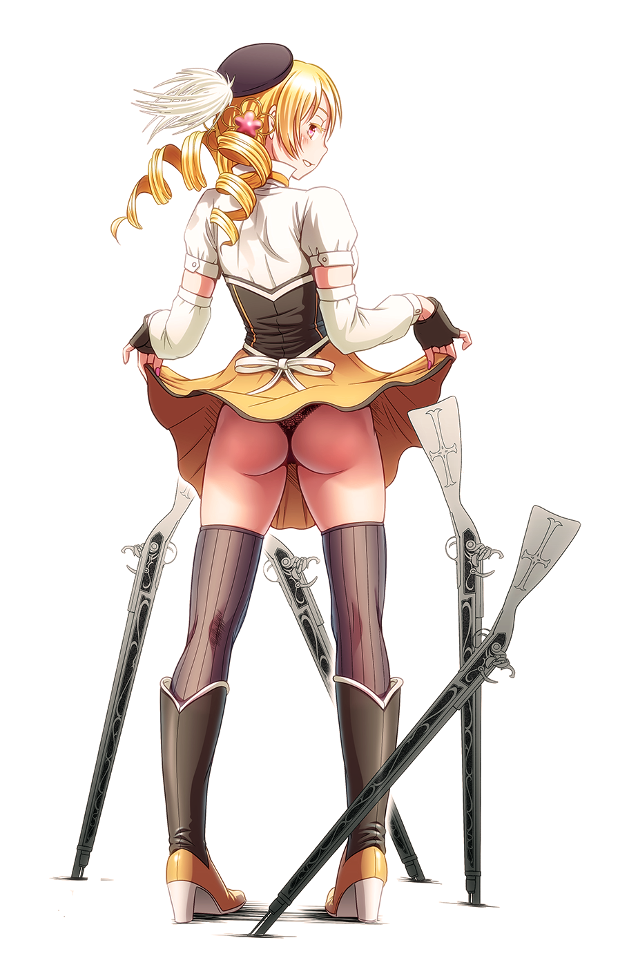 1girl ass back black_gloves black_panties blonde_hair blush boots bow clothes_lift detached_sleeves drill_hair female_focus fingerless_gloves fingernails from_behind full_body gloves gun hair_ornament hat high_heels highres knee_boots looking_back magical_musket mahou_shoujo_madoka_magica mahou_shoujo_madoka_magica_(anime) monogatari_(series) nail_polish panties parody parted_lips pigeon-toed profile red_eyes senjougahara_pose short_sleeves simple_background skirt skirt_lift smile solo standing striped_clothes striped_thighhighs thighhighs thong tomoe_mami tomoe_mami_(magical_girl) underwear upskirt vertical-striped_clothes vertical-striped_thighhighs weapon white_background wokada