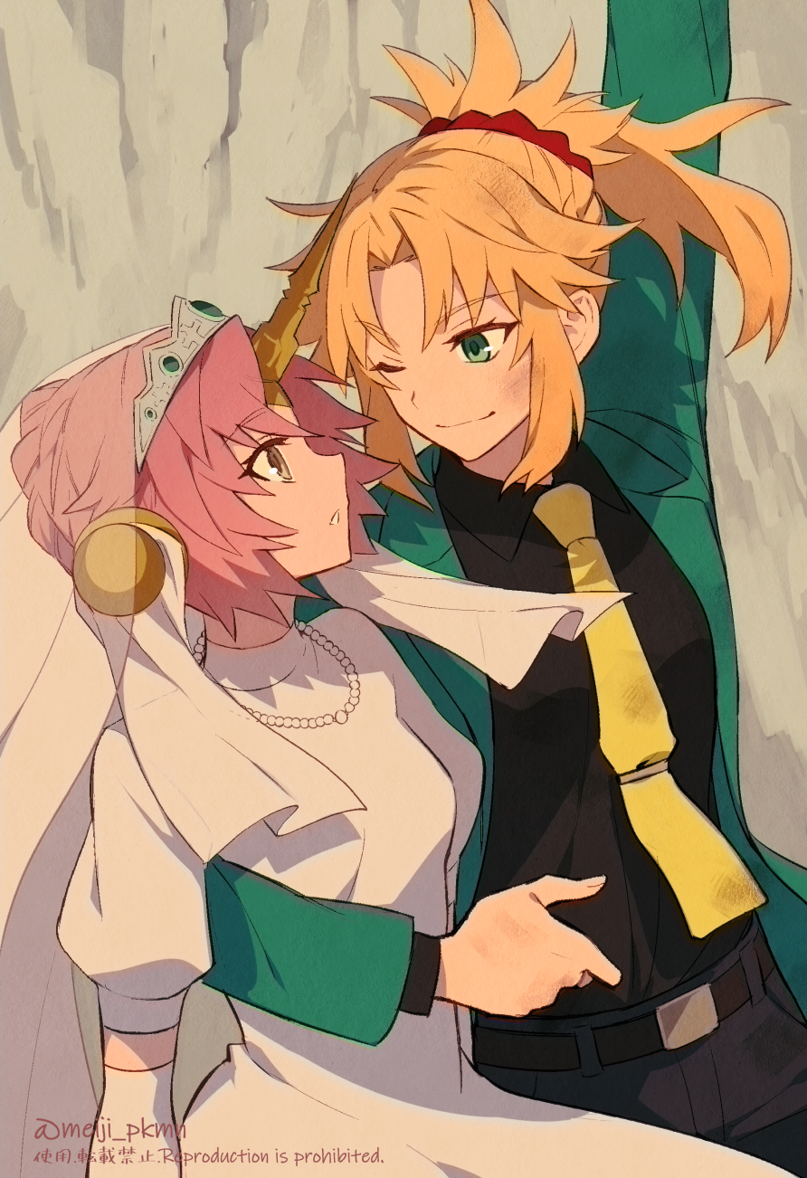 2girls arm_around_back arsene_lupin_iii arsene_lupin_iii_(cosplay) artist_name belt belt_buckle blonde_hair buckle castle_of_cagliostro clarisse_de_cagliostro clarisse_de_cagliostro_(cosplay) commentary_request cosplay eye_contact fate/apocrypha fate_(series) frankenstein&#039;s_monster_(fate) green_eyes hair_bun highres horns jewelry long_sleeves looking_at_another lupin_iii meiji_ken mordred_(fate) mordred_(fate/apocrypha) multiple_girls necklace necktie one_eye_closed pants pearl_necklace pink_hair ponytail single_hair_bun single_horn smile watermark yuri