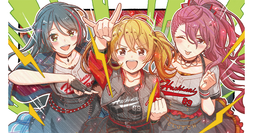 3girls :d ;p \m/ arm_up baseball_uniform belt black_hair black_jacket black_shirt blonde_hair bow brown_eyes cinderella_series clenched_hand collarbone emphasis_lines frilled_skirt frills from_above green_eyes grey_shirt hachigatsu_no_cinderella_nine hair_between_eyes hair_bow hanako_(akatsuki) high_ponytail honjo_chikage iwaki_yoshimi jacket long_hair long_sleeves looking_at_viewer multiple_girls non-web_source official_alternate_hairstyle official_art one_eye_closed open_clothes open_jacket open_mouth ponytail purple_eyes purple_hair red_belt shirt shirt_under_shirt skirt smile sportswear striped_clothes striped_shirt sweat teeth tongue tongue_out tsukahara_shizuku twintails two-tone_bow upper_teeth_only v-shaped_eyebrows vertical-striped_clothes vertical-striped_shirt wristband