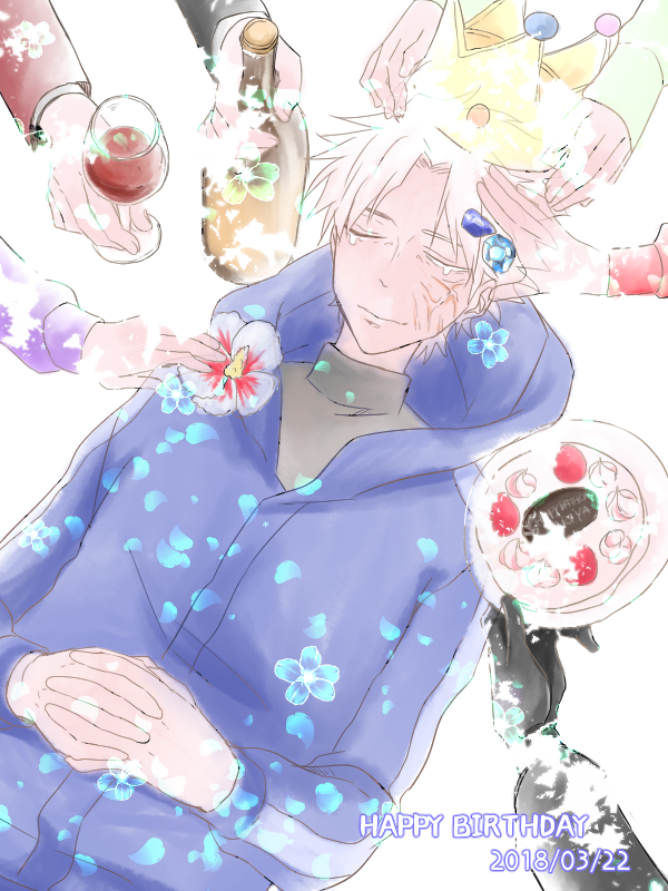 1boy ahoge alcohol berserker_(fate/zero) bottle cake crown cup drinking_glass closed_eyes fate/zero fate_(series) flower food gem happy_birthday holding holding_cup hood hoodie male_focus matou_byakuya matou_kariya matou_sakura ronpaxronpa short_hair solo_focus sweater tohsaka_aoi tohsaka_rin tohsaka_tokiomi turtleneck turtleneck_sweater white_hair wine wine_bottle wine_glass