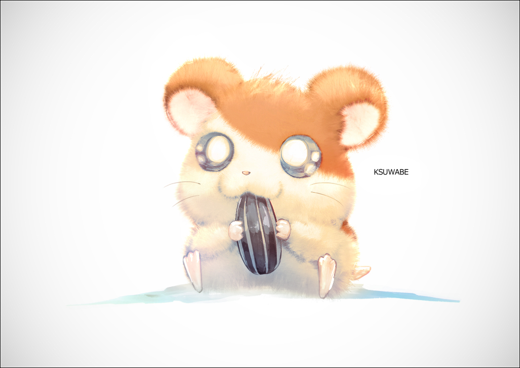 animal animal_focus artist_name eating food hamster hamtaro hamtaro_(series) holding holding_food k-suwabe looking_at_viewer no_humans nut_(food) sitting white_background