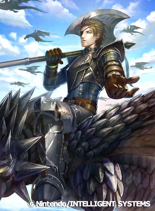 1boy armor brown_eyes brown_hair commentary_request company_name dragon eyepatch fire_emblem fire_emblem:_path_of_radiance fire_emblem_cipher glint haar_(fire_emblem) halberd holding holding_polearm holding_weapon male_focus momose_hisashi nintendo offering_hand official_art polearm riding_dragon scales sky solo_focus weapon wyvern