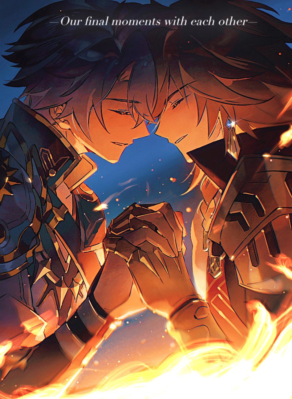 2boys closed_eyes coat english_text fire grey_hair grin highres holding_hands honkai:_star_rail honkai_(series) male_focus medium_hair multiple_boys mydei_(honkai:_star_rail) orange_hair osamu18568716 phainon_(honkai:_star_rail) short_hair smile teeth upper_body white_coat yaoi