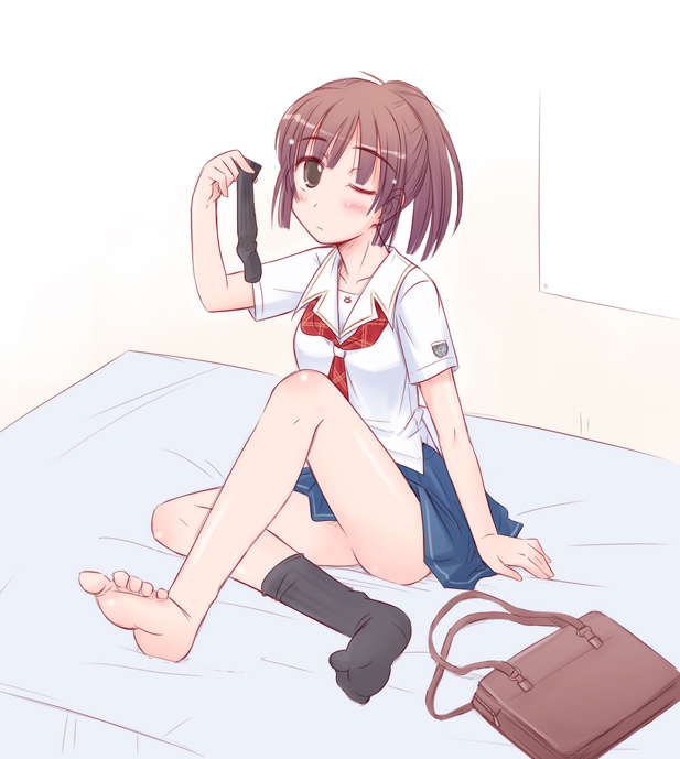1girl arm_support bag bed brown_eyes brown_hair crossed_legs emon feet female_focus kimi_kiss one_eye_closed sakino_asuka school_bag school_uniform serafuku short_hair single_sock socks solo