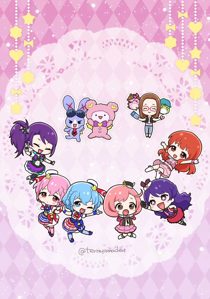 1boy 6+girls :d :o ;d ageha_mia akai_meganee ayase_naru blue_eyes blue_hair blush braid brother_and_sister brown_eyes brown_hair chibi closed_eyes crossdressing dorothy_west full_body harune_aira hat idol_clothes kuma_(pripara) long_hair looking_at_viewer mini_hat mole mole_under_eye multiple_girls one_eye_closed open_mouth orange_hair pink_background pink_eyes pink_hair pretty_rhythm pretty_rhythm_aurora_dream pretty_rhythm_dear_my_future pretty_rhythm_rainbow_live pretty_series pripara priticket purple_eyes purple_hair red_hair reona_west short_hair siblings side_braid side_ponytail smile terayamaden toudou_shion trap twins usagi_(pripara)