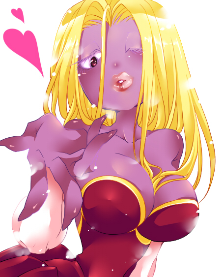 akezu bad_id bad_pixiv_id blonde_hair breasts colored_skin dark-skinned_female dark_skin gen_1_pokemon jynx large_breasts lips nintendo no_humans one_eye_closed pokemon pokemon_(creature) purple_skin simple_background solo white_background wink