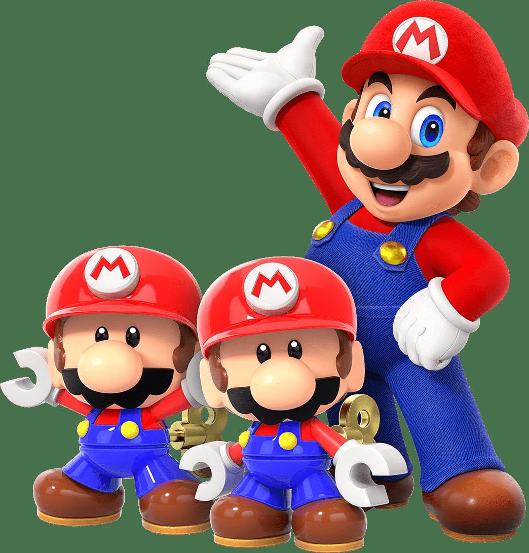 1boy blue_eyes brown_hair donkey_kong_(series) facial_hair full_body grin hand_on_own_hip hand_up hat looking_at_viewer mario mario_(series) mario_vs._donkey_kong mini_mario mustache nintendo official_art open_mouth overalls smile