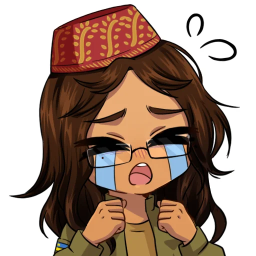 1girl brown_hair brown_shirt clenched_hands crimean_flag crimean_tatar crying dark-skinned_female dark_skin fez_hat flying_sweatdrops glasses green_jacket high_collar jacket korzynka_persykiv long_hair long_sleeves meme messy_hair military_patch mole mole_under_eye non-web_source open_clothes open_jacket open_mouth original patch russo-ukrainian_war semi-rimless_eyewear shefika_(usergore) shirt shoulder_patch solo streaming_tears tears teeth tongue transparent_background ukraine ukrainian_flag unit_patch uohhhhhhhhh!_(meme) upper_teeth_only