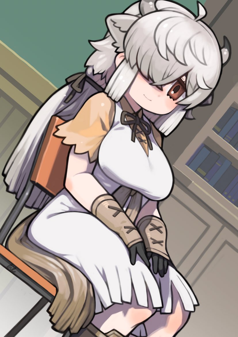 1girl animal_ears boots bow bowtie breasts brown_eyes chair cow_ears cow_girl cow_horns cow_tail dress extra_ears gloves grey_hair hair_over_one_eye horns indoors kemono_friends large_breasts long_hair looking_at_viewer ribbon rinx shirt sitting skirt solo tail yak_(kemono_friends)