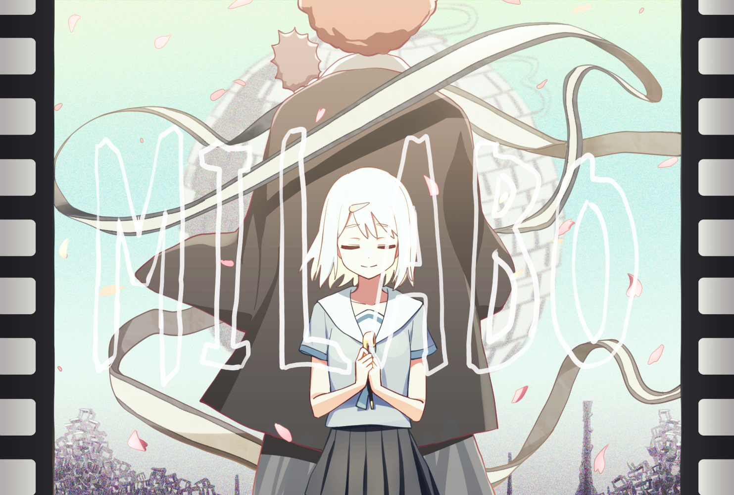 1boy 1girl afro afro_samurai_(zutomayo) animal animal_on_shoulder aqua_necktie aqua_trim black_haori black_skirt blonde_hair closed_eyes colored_inner_hair deadnooodles disco_ball falling_petals from_behind grey_shirt hair_ornament hairclip hairpin haori hedgehog height_difference holding holding_smoking_pipe japanese_clothes milabo_(zutomayo) multicolored_hair necktie nira-chan nira-chan_(milabo)_(zutomayo) orange_hair petals pleated_skirt sailor_collar school_uniform serafuku shirt skirt sky smile smoking_pipe song_name uniguri_(zutomayo) white_hair white_sailor_collar zutto_mayonaka_de_ii_no_ni