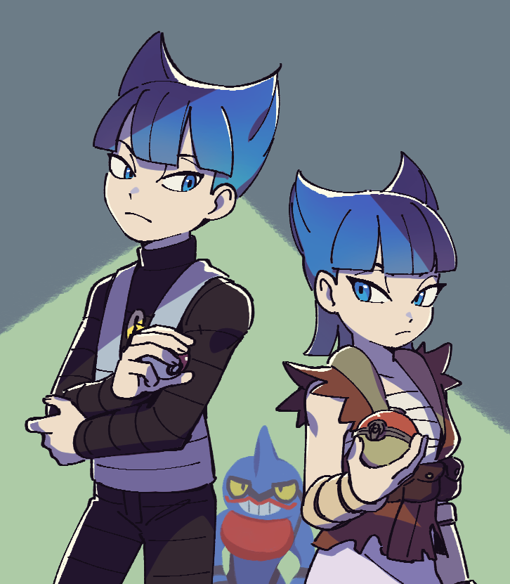 1boy 1girl blue_eyes blue_hair blunt_bangs chest_sarashi closed_mouth coin_(pokemon) creatures_(company) frog frown game_freak gen_4_pokemon grey_vest hand_up holding holding_poke_ball long_sleeves looking_at_another nintendo poke_ball poke_ball_(basic) hisuian_poke_ball pokemon pokemon_(creature) pokemon_dppt pokemon_legends:_arceus pouch sarashi saturn_(pokemon) short_hair team_galactic team_galactic_uniform time_paradox torn_clothes toxicroak tsurime turtleneck ukata vest