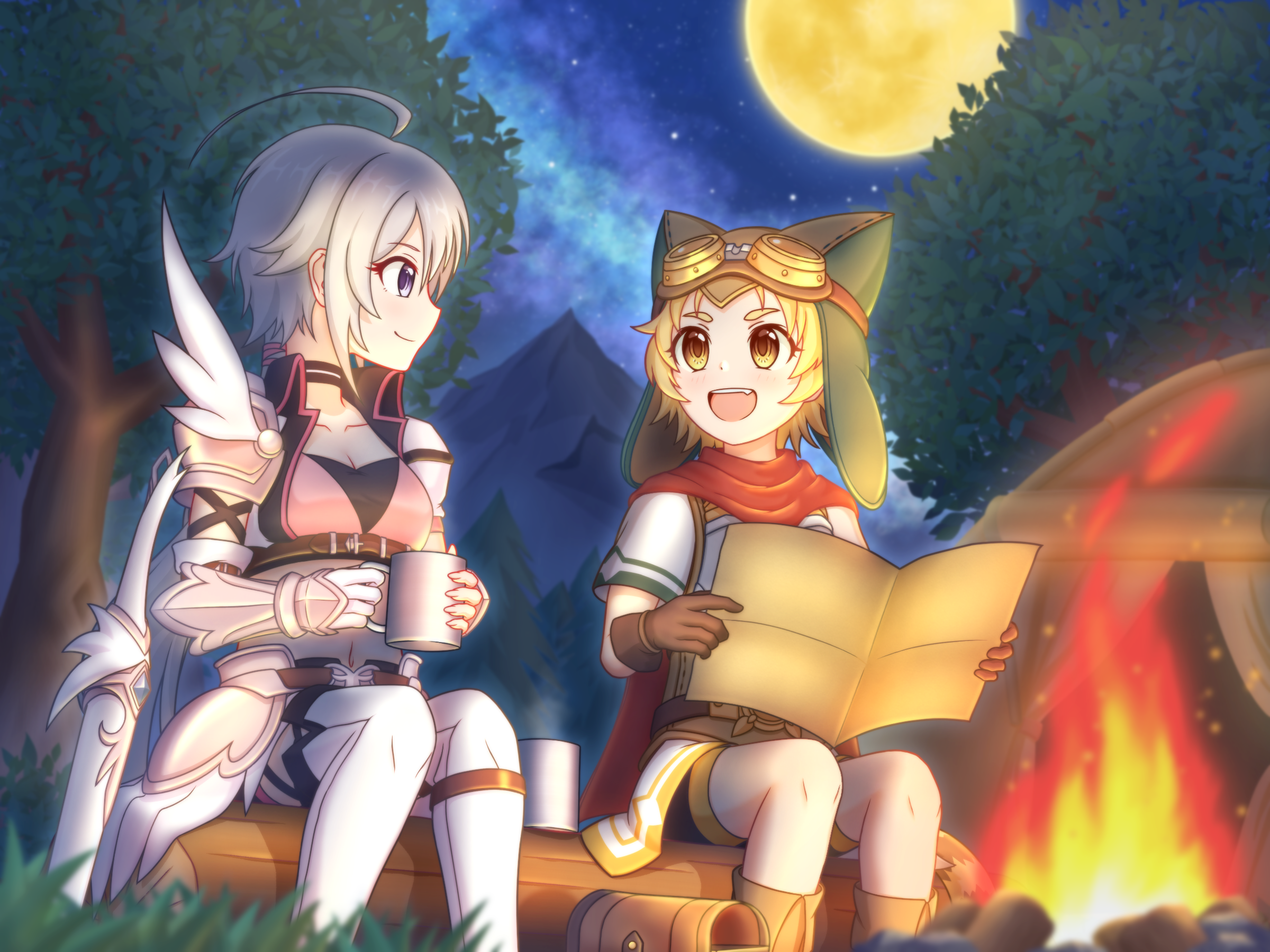 2girls armor asymmetrical_armor belt black_collar blonde_hair boots breastplate breasts brown_belt brown_footwear brown_gloves campfire cape cleavage closed_mouth collar crop_top cup gauntlets gloves goggles goggles_on_headwear grass green-x hair_tie hat hat_with_ears highres hip_armor holding holding_cup holding_map jacket log long_hair looking_at_another low_ponytail map matsuri_(princess_connect!) medium_breasts moon mug multicolored_clothes multiple_girls night night_sky open_clothes open_jacket open_mouth outdoors pantyhose pauldrons ponytail princess_connect! purple_eyes red_cape short_hair short_sleeves shoulder_armor single_pauldron sitting sitting_on_log sky tail talking teeth tent thigh_boots tomo_(princess_connect!) tree upper_teeth_only very_long_hair white_footwear white_hair white_pantyhose wing_ornament yellow_eyes