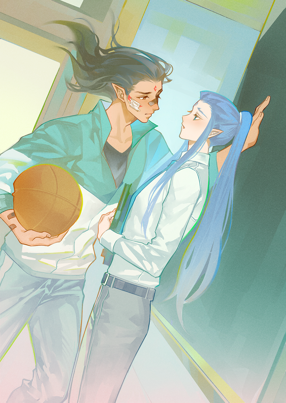 2boys alternate_costume ao_bing_(nezha_zhi_motong_jiangshi) ball bandaid bandaid_on_face basketball belt black_hair black_shirt blue_eyes blue_hair grey_pants highres holding indoors jacket long_hair long_sleeves looking_at_another male_focus multiple_boys nezha_(nezha_zhi_motong_jiangshi) nezha_zhi_motong_jiangshi pants pointy_ears ponytail profile shirt smile standing white_jacket white_shirt yaoi yinzinmiemie