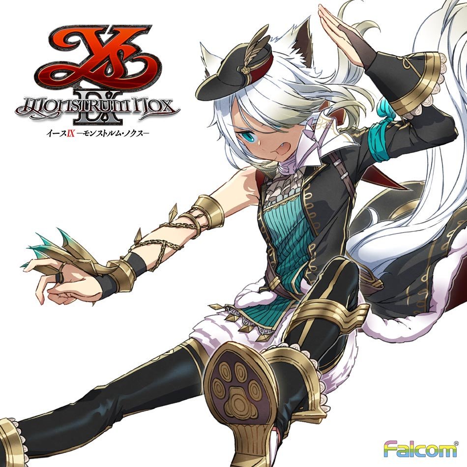 1girl animal_ears aqua_eyes aqua_shirt arm_up ascot boots bridal_gauntlets brown_hair cat_ears coat copyright_logo copyright_name floating fur-trimmed_coat fur_shorts fur_trim gold_trim gradient_hair hair_over_one_eye hat high_heel_boots high_heels low_ponytail mini_hat multicolored_hair nakbe official_art open_clothes open_coat open_mouth outstretched_arm paw_print_soles ponytail second-party_source shirt shoe_soles simple_background single_bare_arm single_sleeve solo tail thighhighs v-shaped_eyebrows white_ascot white_background white_cat_(ys) white_hair ys ys_ix:_monstrum_nox