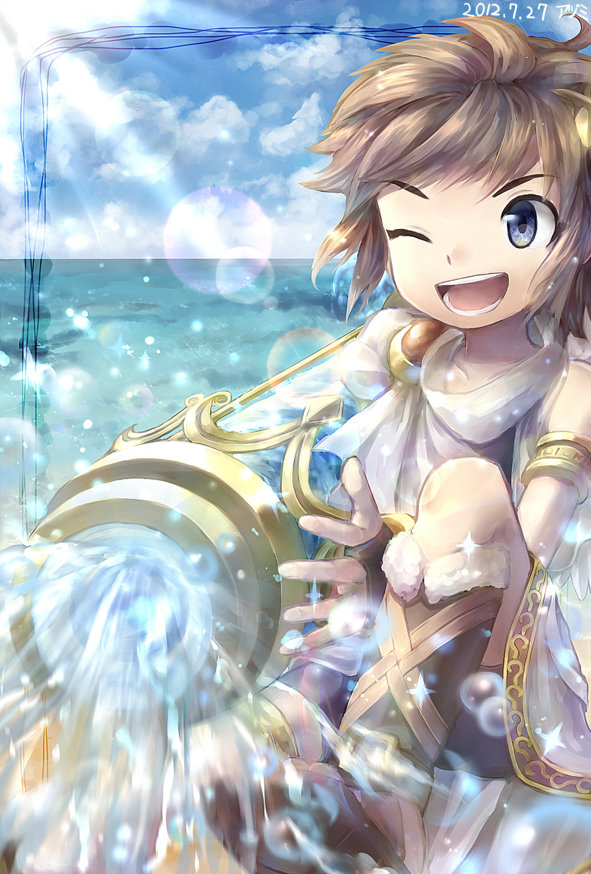 1boy ;d androgynous armlet azumi_(tks-sd) blue_eyes brown_hair brown_sandals dated fingerless_gloves fur-trimmed_footwear fur_trim gloves gold_armlet holding holding_weapon jewelry kid_icarus kid_icarus_uprising lens_flare making-of_available male_focus nintendo ocean one_eye_closed open_mouth pit_(kid_icarus) poseidon_cannon_(kid_icarus) sandals scarf single_bare_shoulder smile solo spraying water weapon white_scarf