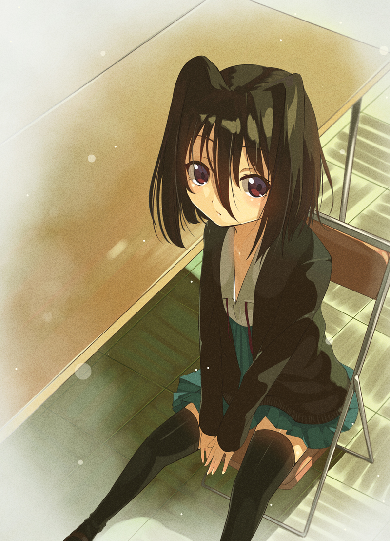 10s 1girl :/ aqua_skirt ayataka black_hair black_thighhighs cardigan chair female_focus folding_chair from_above hair_between_eyes hair_intakes koi_to_senkyo_to_chocolate long_sleeves looking_at_viewer miniskirt morishita_michiru own_hands_together purple_eyes school_uniform short_hair sitting skirt solo table thighhighs tile_floor tiles