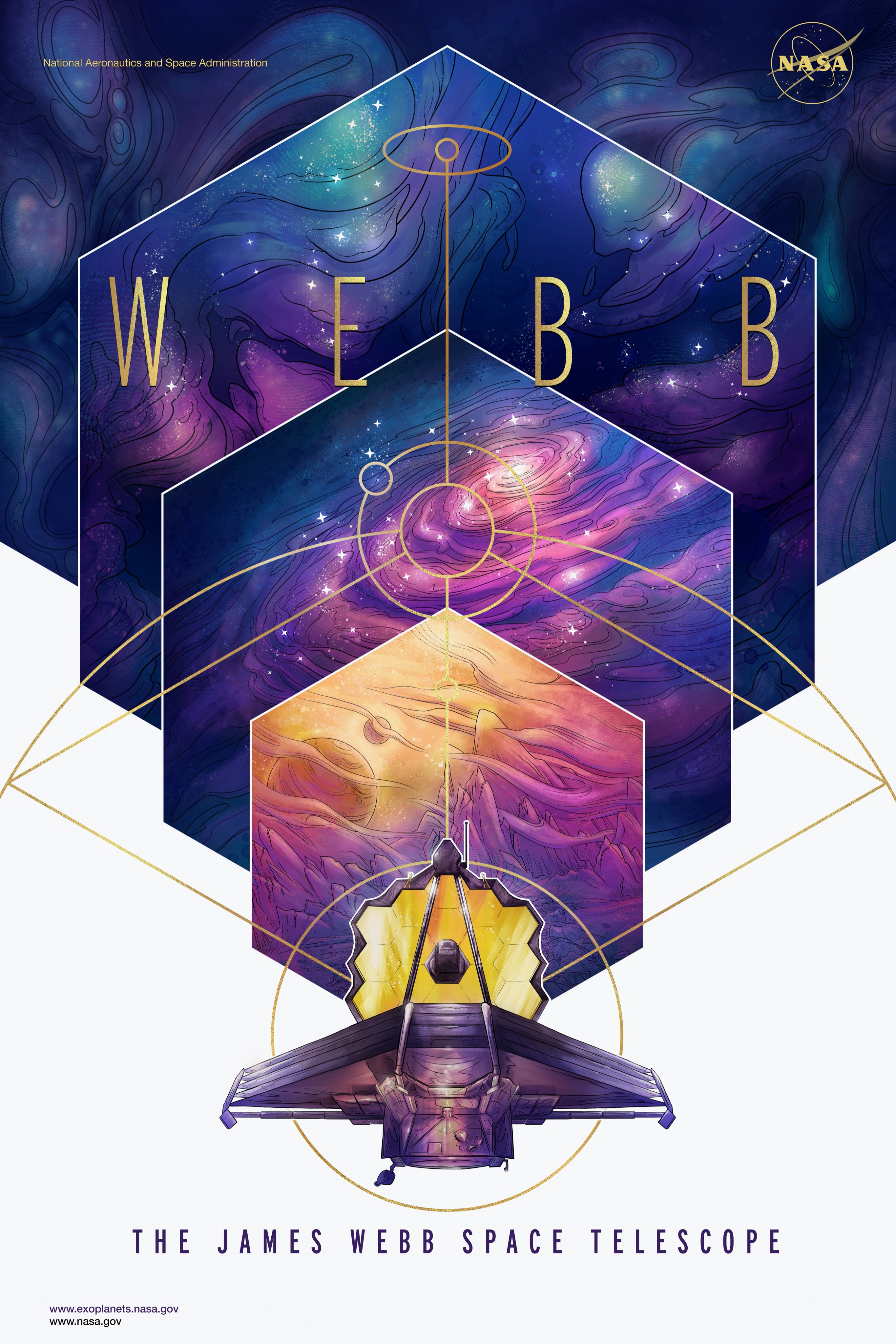 absurdres antennae diagram earth_(planet) galaxy gold hexagon highres james_webb_space_telescope logo milky_way moon nasa_logo nebula orbit planet real_life satellite solar_panel space star_(sky) star_(symbol) telescope time_machine title watermark web_address