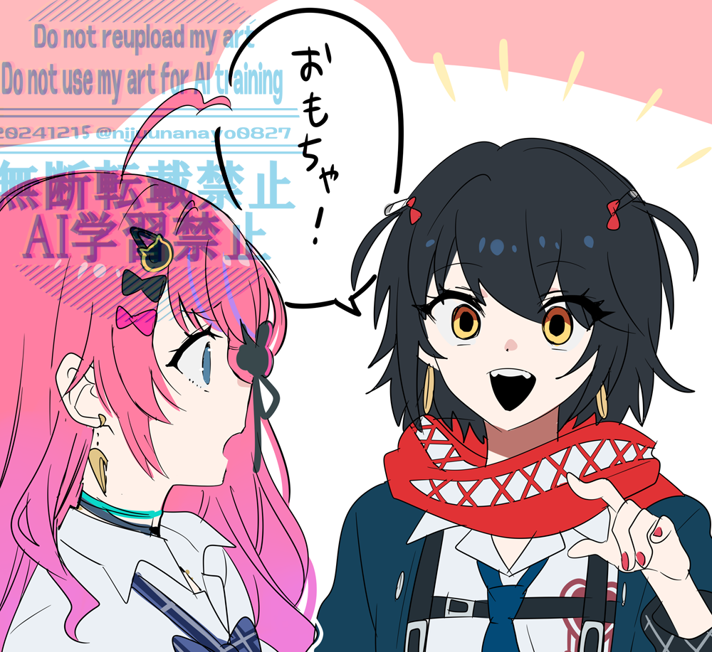 1boy 1girl ahoge black_hair blue_eyes blue_jacket blue_necktie bow brown_eyes collared_shirt earrings english_text hair_bow jacket jewelry kuramochi_meruto kuramochi_meruto_(school_uniform) long_hair mashiro_meme mashiro_meme_(1st_costume) multicolored_hair nail_polish necktie nijisanji ninahachi open_clothes open_jacket open_mouth pink_background pink_hair pointing profile purple_hair red_bow red_nails red_scarf scarf school_uniform shirt streaked_hair translation_request twitter_username two-tone_background two_side_up virtual_youtuber watermark white_background white_shirt