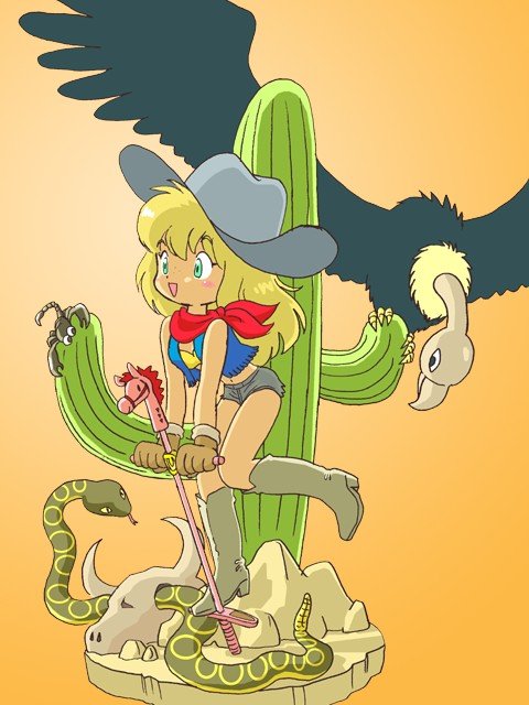 1girl bandana bird blonde_hair blush boots cactus cattle_skull cowboy_boots cowboy_hat cowboy_western desert faux_figurine female_focus freckles green_eyes happy hat kabiinyo_(kab) midriff original pogo_stick rattlesnake scorpion short_shorts shorts simple_background skull smile snake solo vest vulture