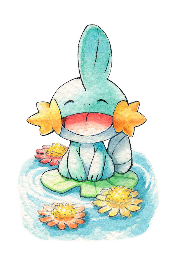 :d ^_^ closed_eyes commentary english_commentary flower gen_3_pokemon happy lily_pad mudkip nintendo no_humans oliver_hamlin open_mouth painting_(medium) pink_flower pokemon pokemon_(creature) red_flower simple_background sitting smile solo traditional_media water water_lily_flower watercolor_(medium) white_background yellow_flower