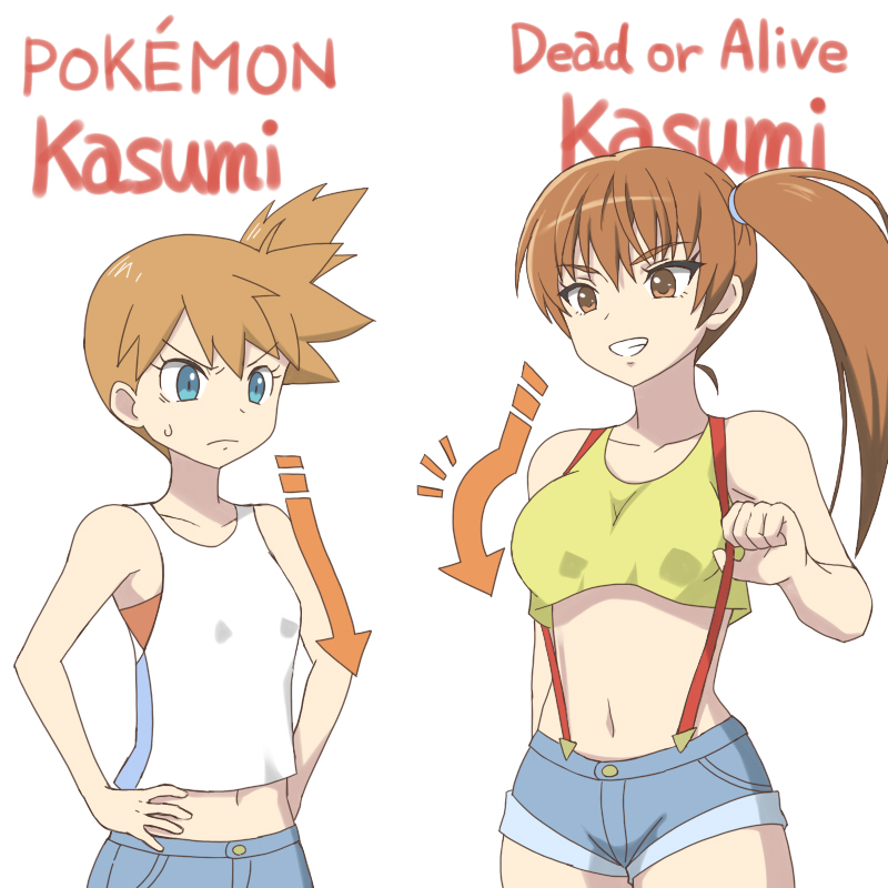 2girls an1k1_(tkks5227) aqua_eyes asymmetrical_hair blush breast_envy breasts brown_eyes brown_hair character_name copyright_name cosplay crossover dead_or_alive denim denim_shorts female_focus gym_leader kasumi_(doa) legs looking_at_viewer matching_hair/eyes medium_breasts midriff misty_(pokemon) misty_(pokemon)_(cosplay) multiple_girls name_connection navel nintendo open_mouth orange_hair pokemon pokemon_(anime) pokemon_(classic_anime) pokemon_lgpe ponytail shirt shoes short_hair short_shorts shorts side_ponytail small_breasts suspenders tank_top tecmo white_shirt yellow_shirt