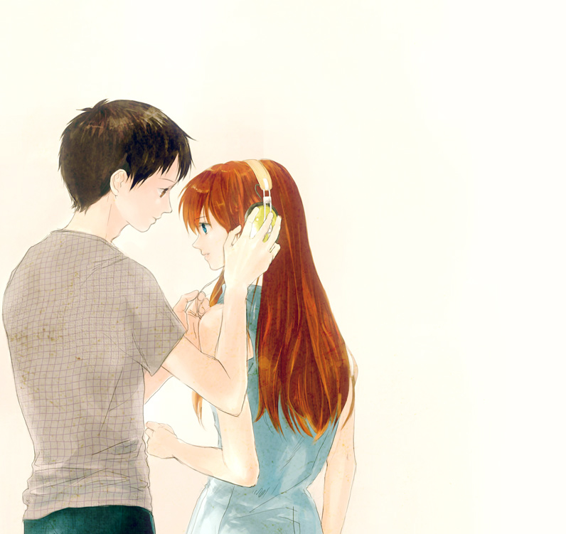 1boy 1girl black_hair blue_eyes brown_eyes brown_hair headphones ikari_shinji long_hair neon_genesis_evangelion neon_genesis_evangelion_(manga) niko_(silent.whitesnow) profile simple_background souryuu_asuka_langley