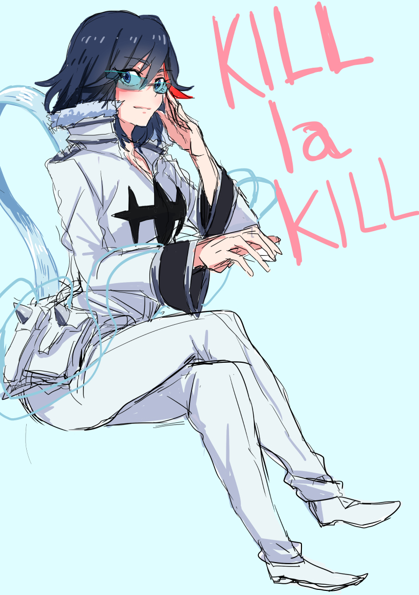 1girl belt_pouch bespectacled black_hair blue_eyes cable copyright_name cosplay crossed_legs female_focus glasses inumuta_houka inumuta_houka_(cosplay) kill_la_kill matoi_ryuuko multicolored_hair pouch short_hair sitting solo streaked_hair yunkru