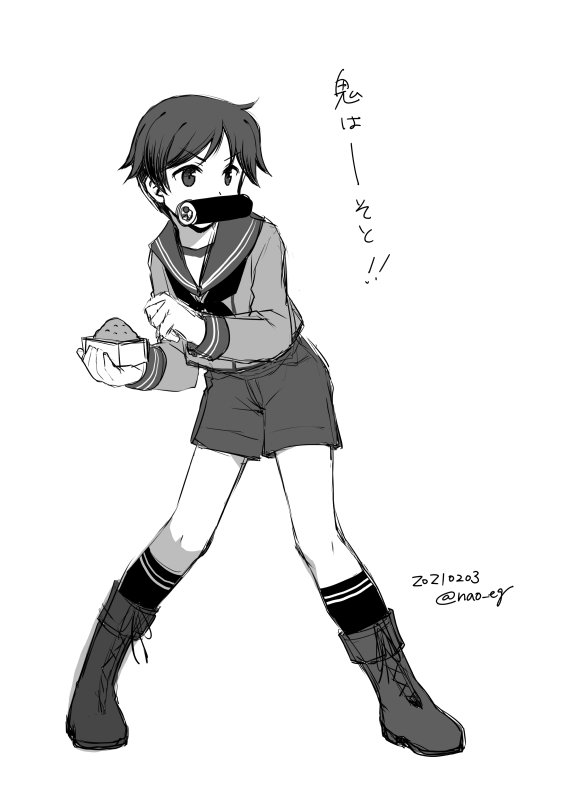 1girl boots box commentary_request dated greyscale kantai_collection lace-up_boots masu mogami_(kancolle) monochrome mouth_hold nao_(nao_eg) school_uniform serafuku short_hair shorts simple_background solo standing translation_request twitter_username