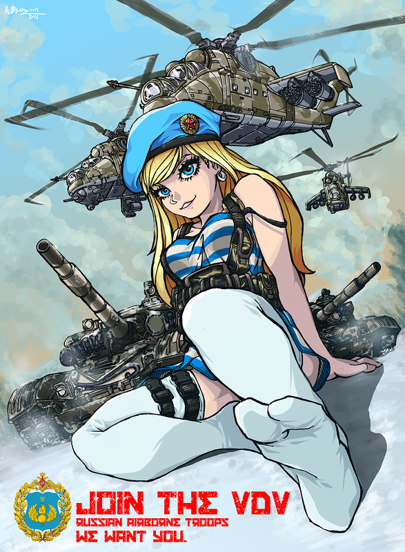 1girl aircraft artist_request attack_helicopter beret blonde_hair blue_eyes blue_thighhighs closed_mouth female_focus full_body hat helicopter lips looking_at_viewer mi-24 military military_uniform military_vehicle motor_vehicle propeller russia shirt smug soles solo star_(symbol) striped_clothes striped_shirt t-72 tabi tank telnyashka thigh_strap thighhighs vdv vehicle